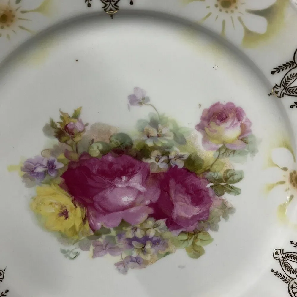 VTG German Porcelain Lusterware Roses Flowers Enclosed Handle‎ Cake Plate 9.75”